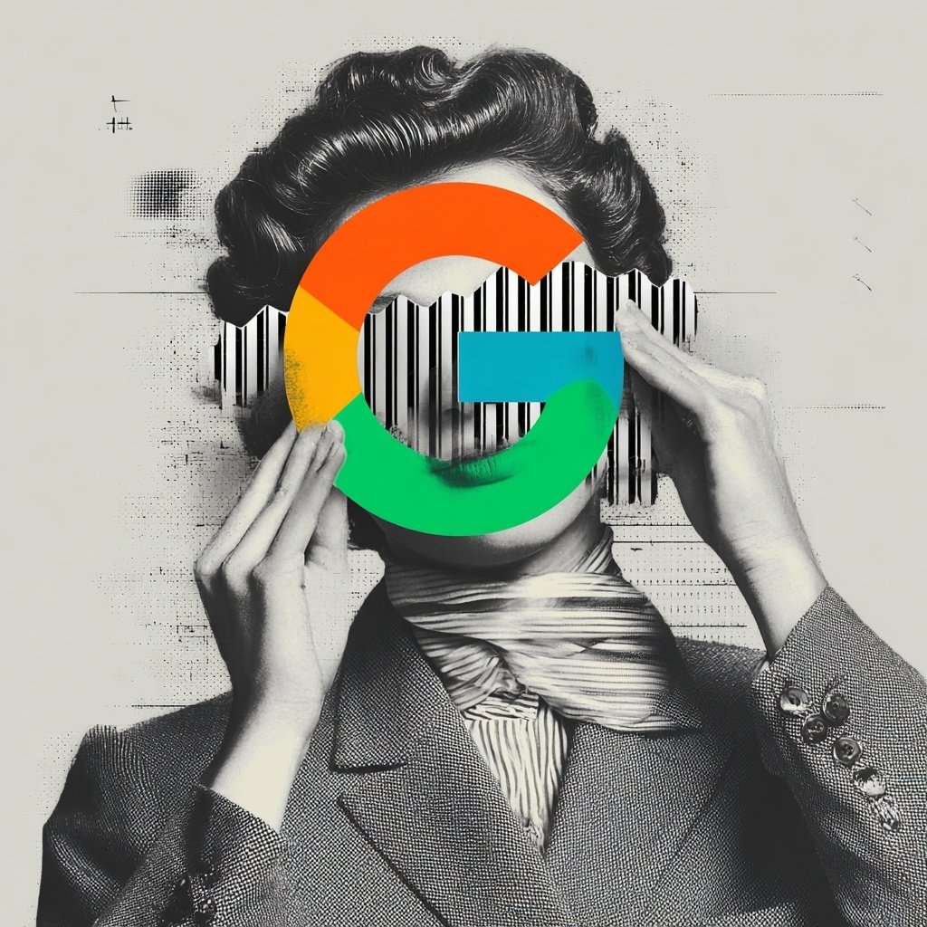 Una signora copre il viso con un icona di Google a raffigurare l'acquisizione anonima di Google Analytics