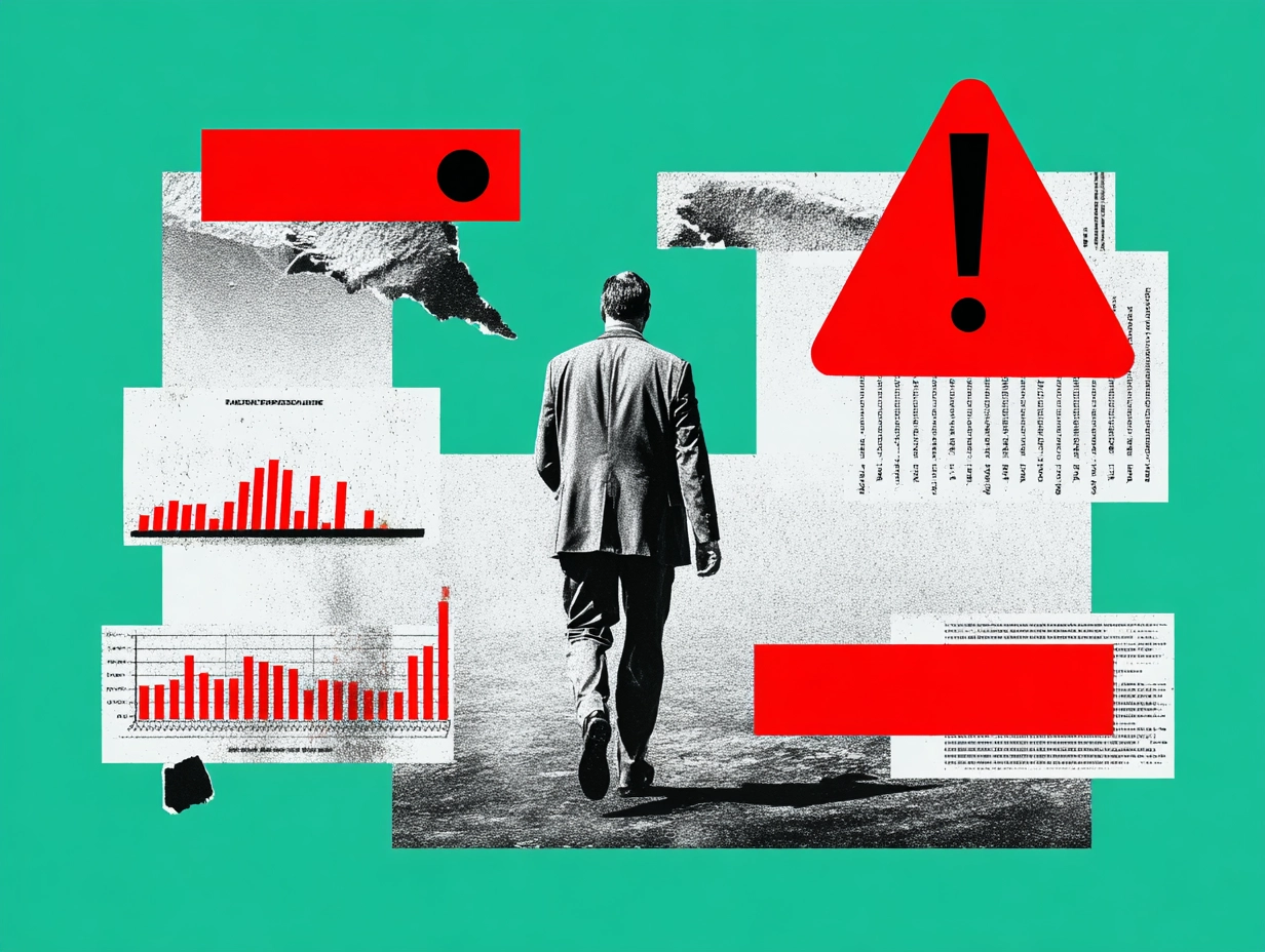 Immagine concettuale con grafici in calo, simboli di errore e atmosfera scura che rappresenta decisioni sbagliate nel marketin