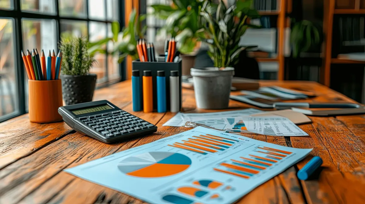 Calcolatrice e grafici per la pianificazione del budget marketing su una scrivania in un piccolo ufficio
