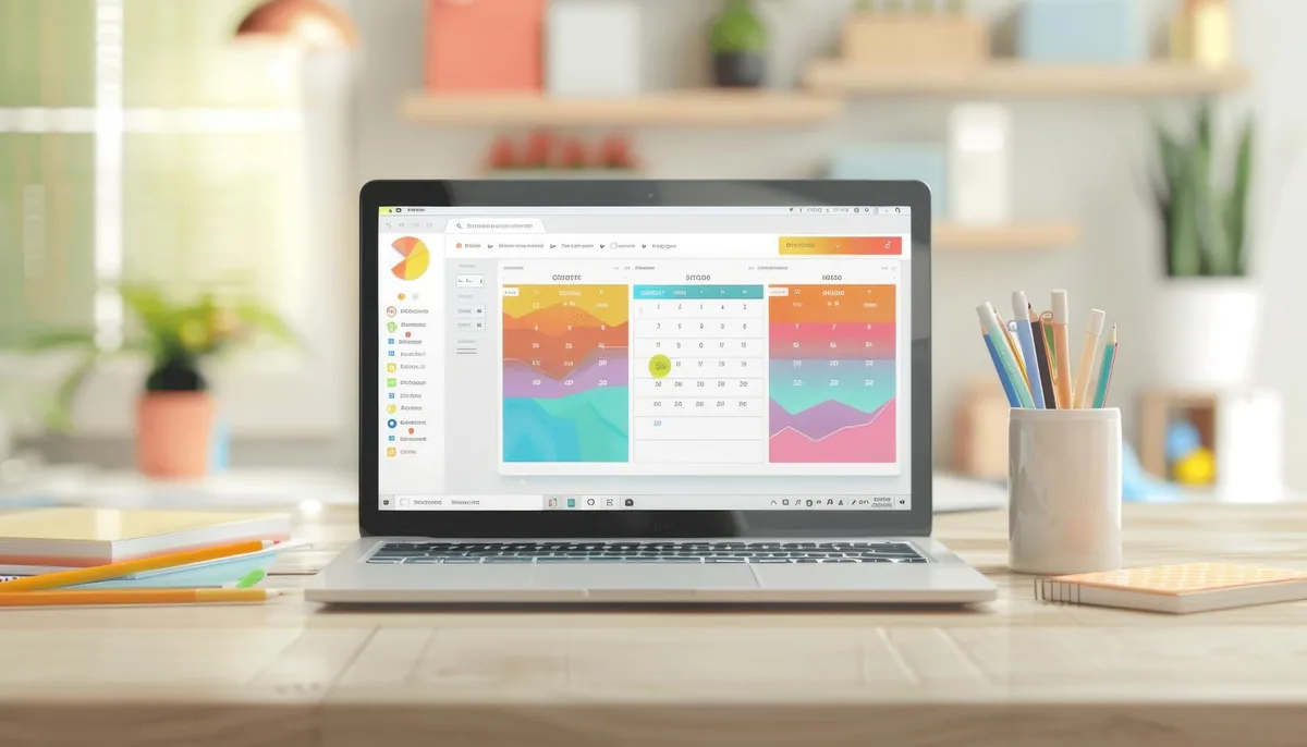 Piano editoriale social mostrato come calendario settimanale dei contenuti su uno schermo di laptop in una scrivania ordinata